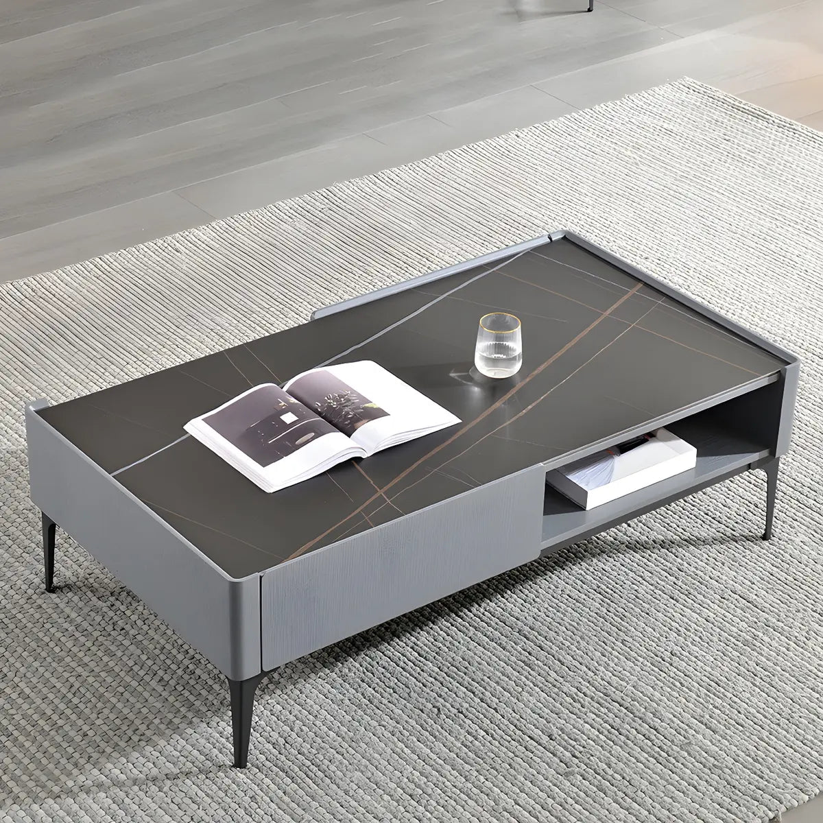 Black Rectangular Stone Shelves Four Leg Coffee Table Image - 5