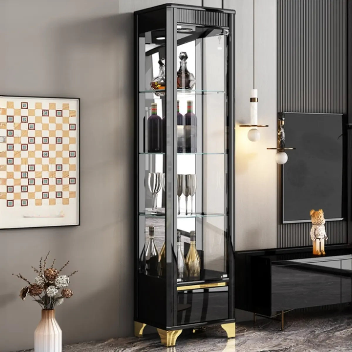 Black Rectangular Tall Glass Display Wine Cabinets Image - 3