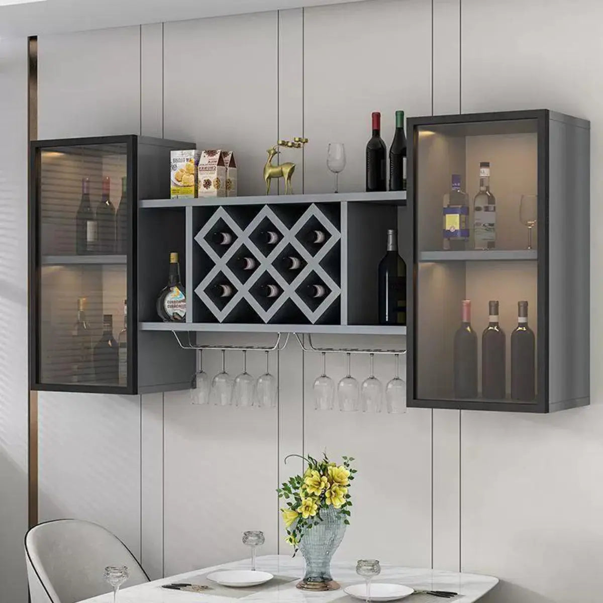 Black Rectangular Wood Large Wall Mounted Wine Rack Image - 2