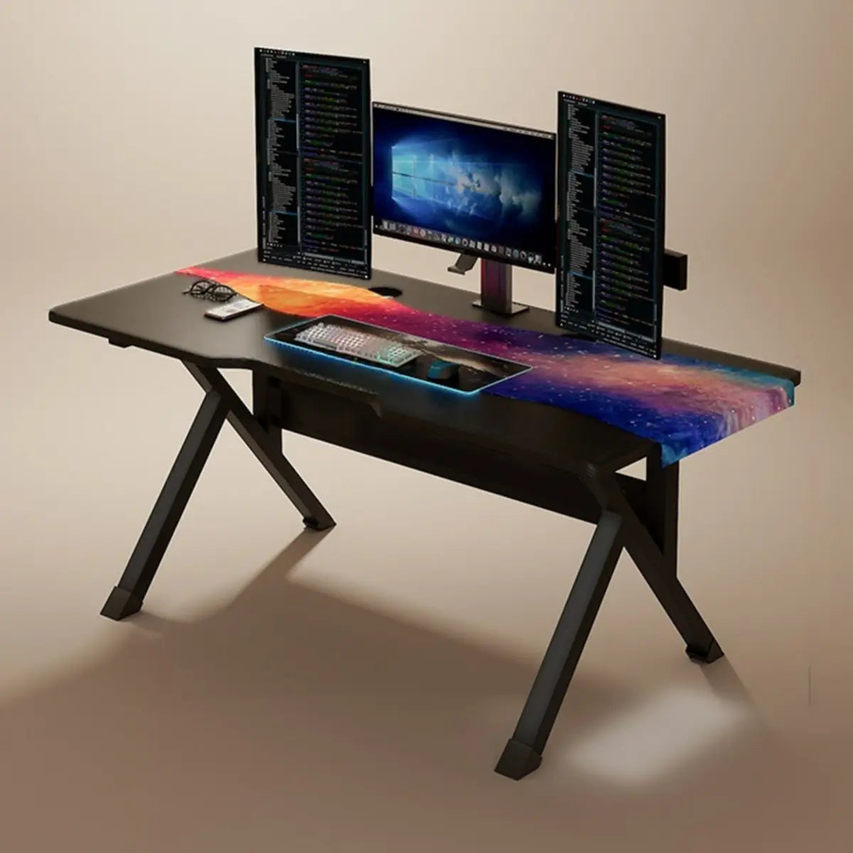 Black Rectangular Wood Top Trestle Base Gaming Desk Image - 3