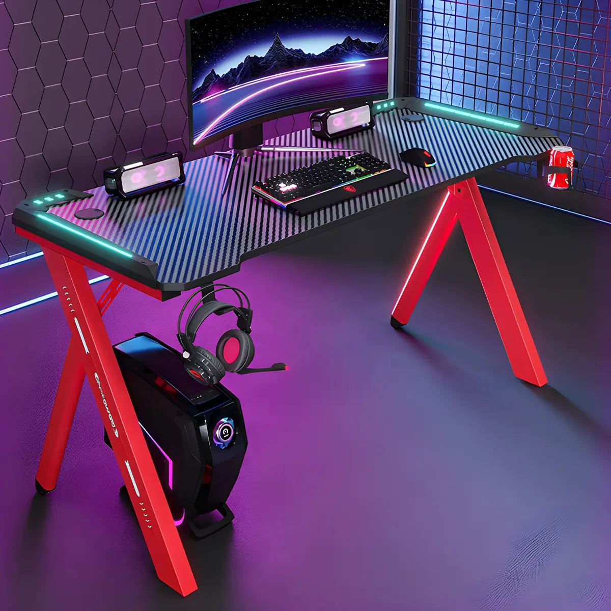 Black-Red Rectangle Wood Top Trestle Base Gaming Desk Image - 5