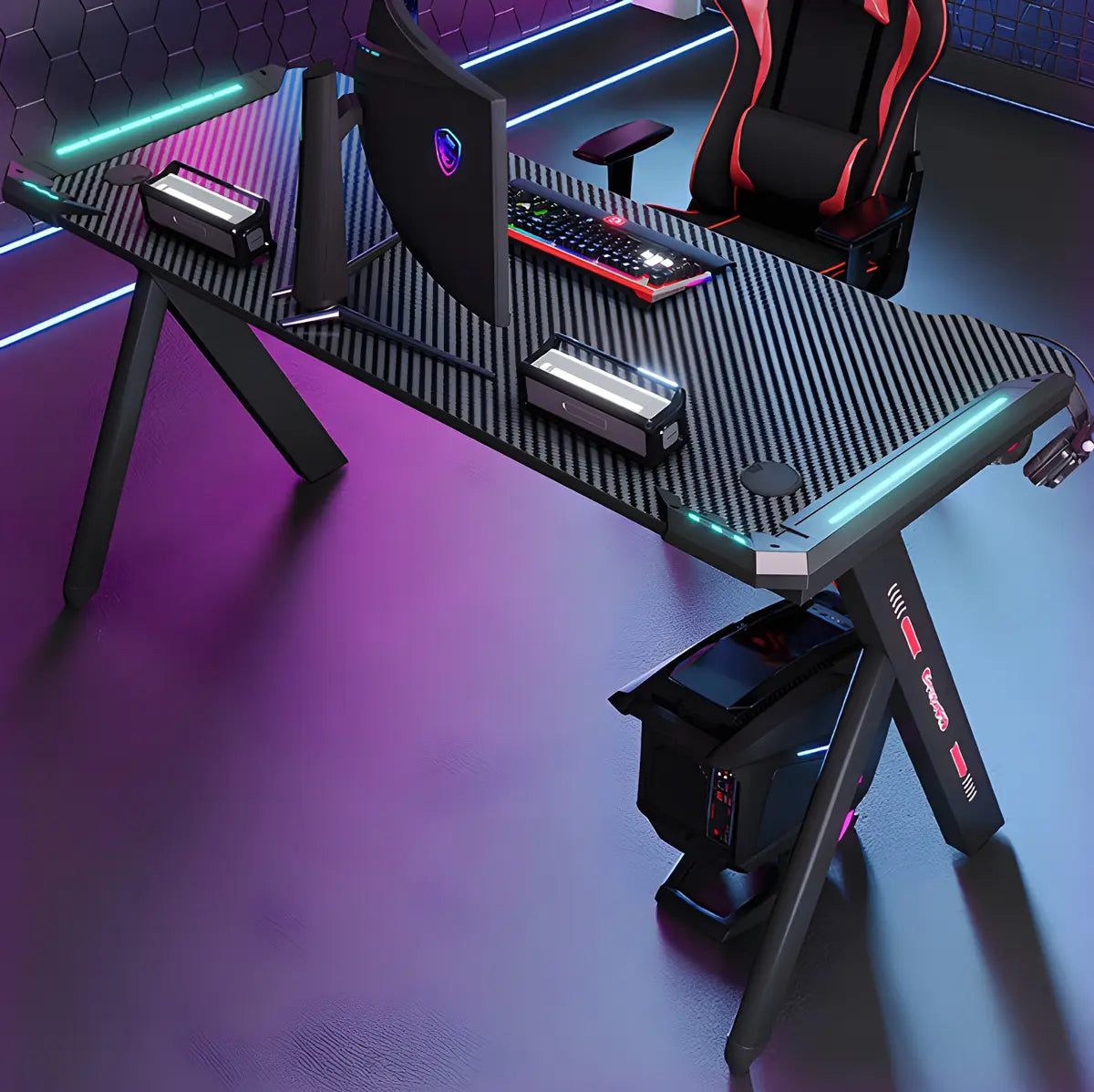 Black-Red Rectangle Wood Top Trestle Base Gaming Desk Image - 6