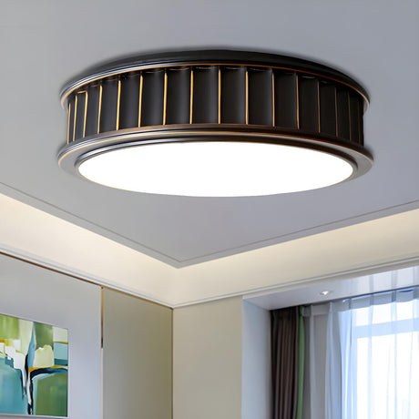 Black Ribbed Drum Small LED Flush Mount Ceiling Light Image - 1