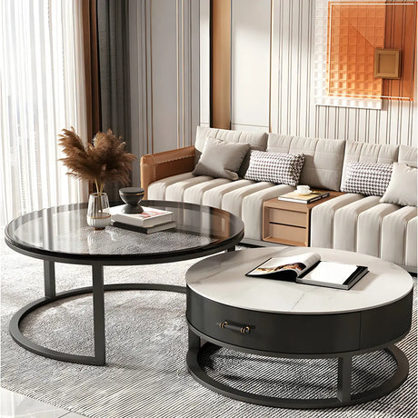 Black Round Glass Frame Base Nesting Tables with Drawer Image - 1