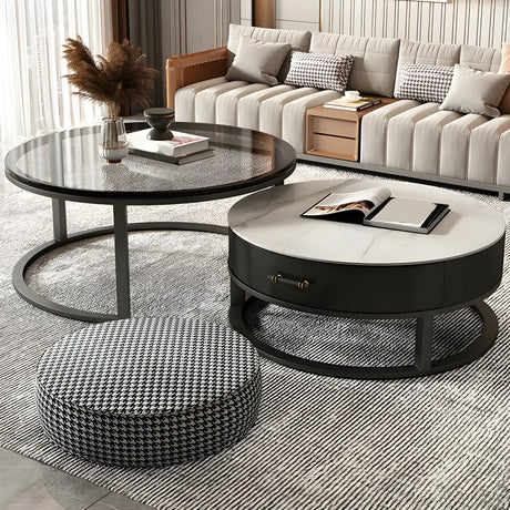 Black Round Glass Frame Base Nesting Tables with Drawer Image - 2