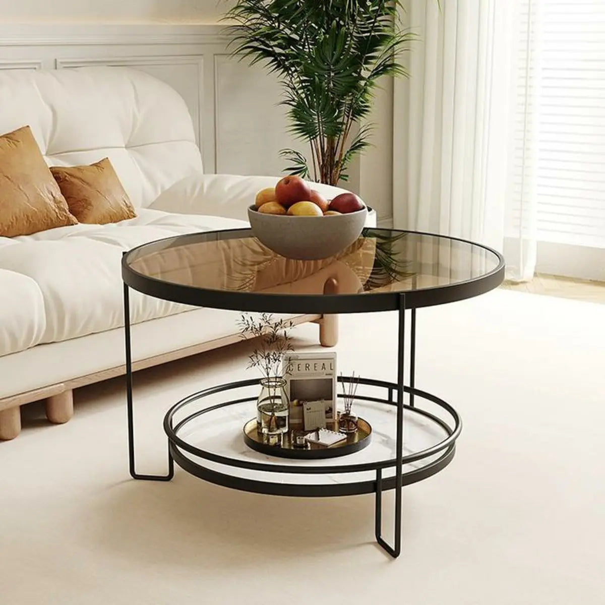 Black Round Glass Shelves Iron Three Leg Coffee Table Image - 1