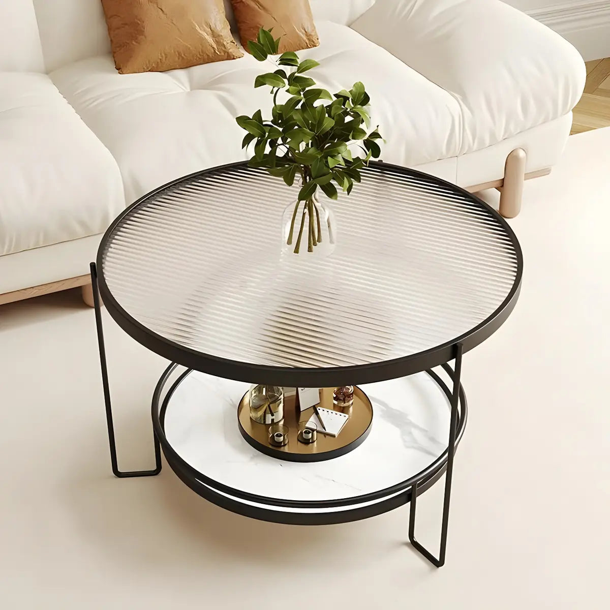 Black Round Glass Shelves Iron Three Leg Coffee Table Image - 6