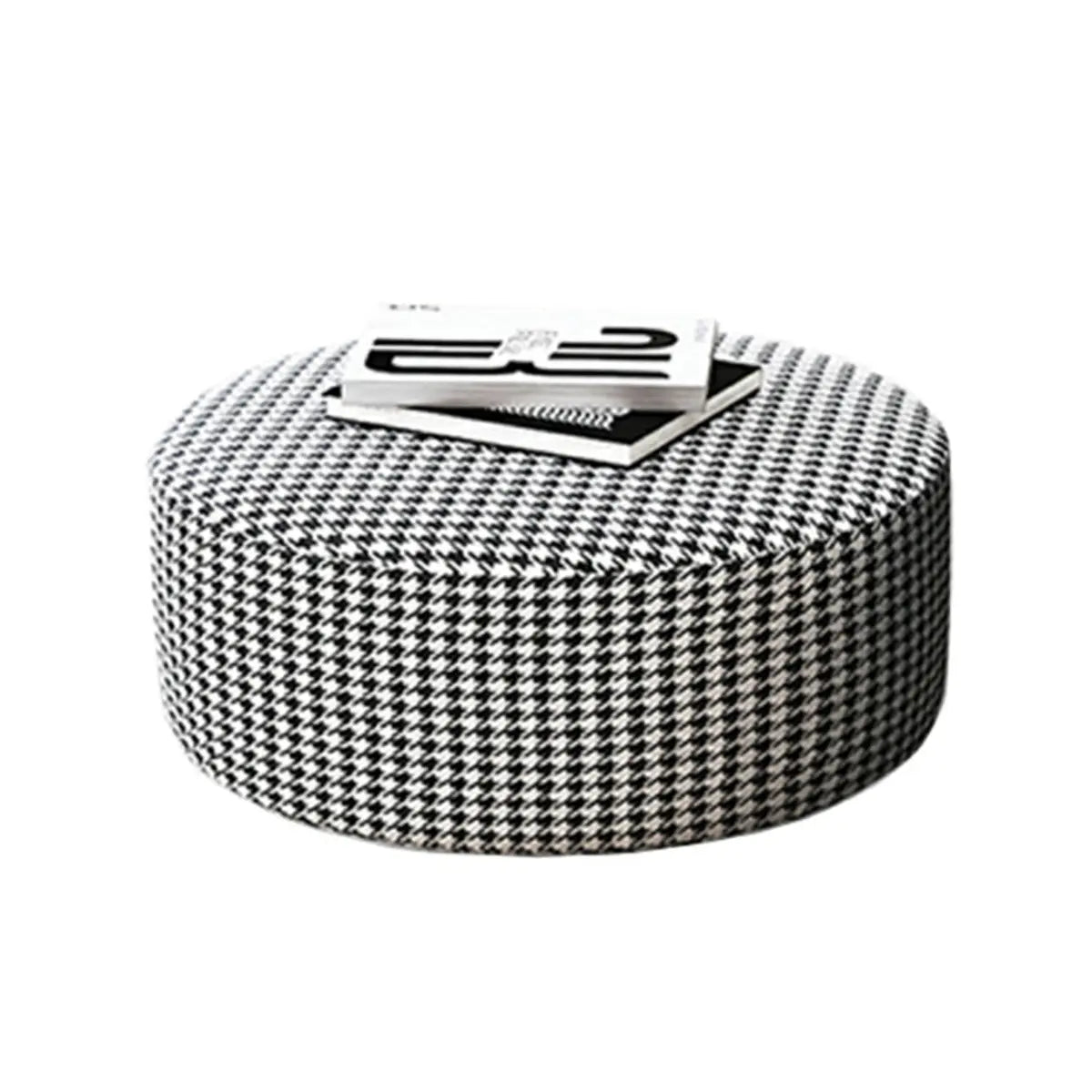 Black Round Houndstooth Footstool Cotton Pouf Ottoman Image - 10