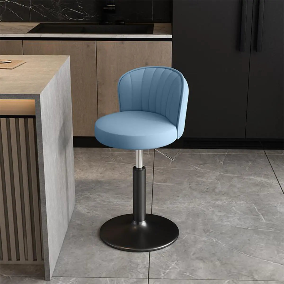 Black Round Leather Bar Stool with Adjustable Metal Frame Image - 10