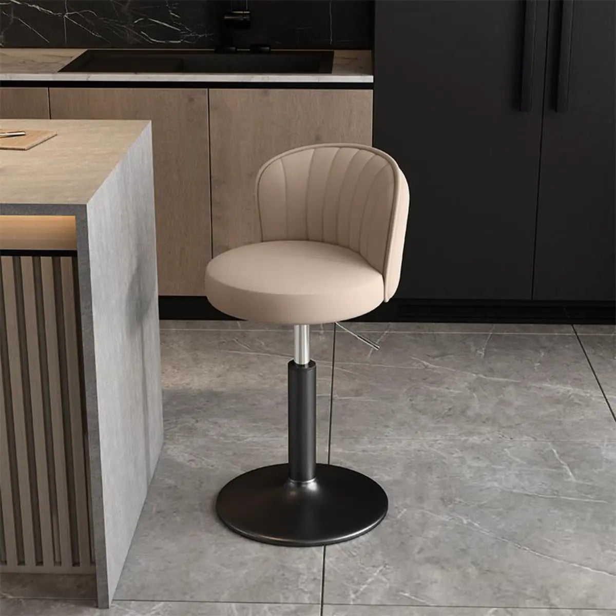 Black Round Leather Bar Stool with Adjustable Metal Frame Image - 14