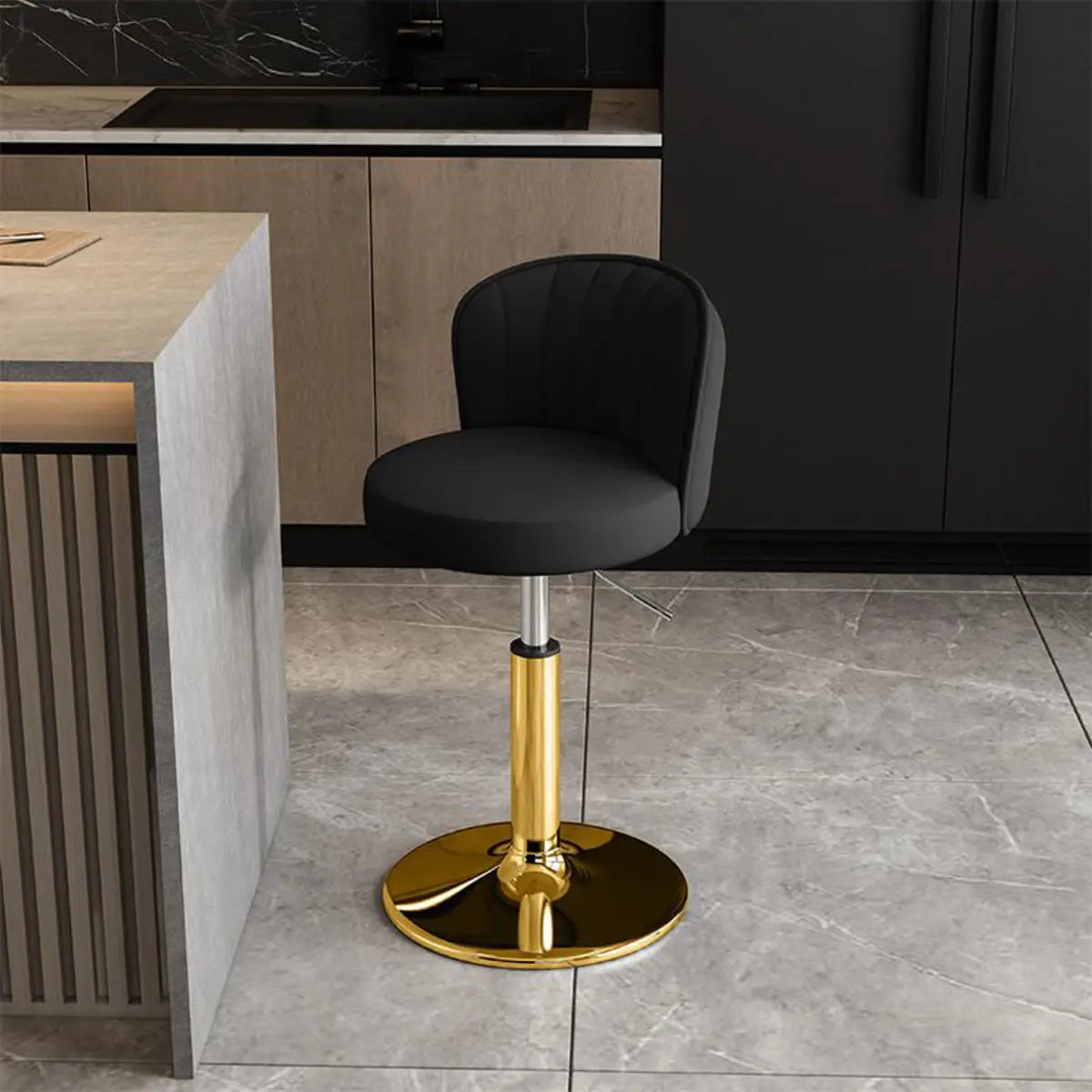 Black Round Leather Bar Stool with Adjustable Metal Frame Image - 17