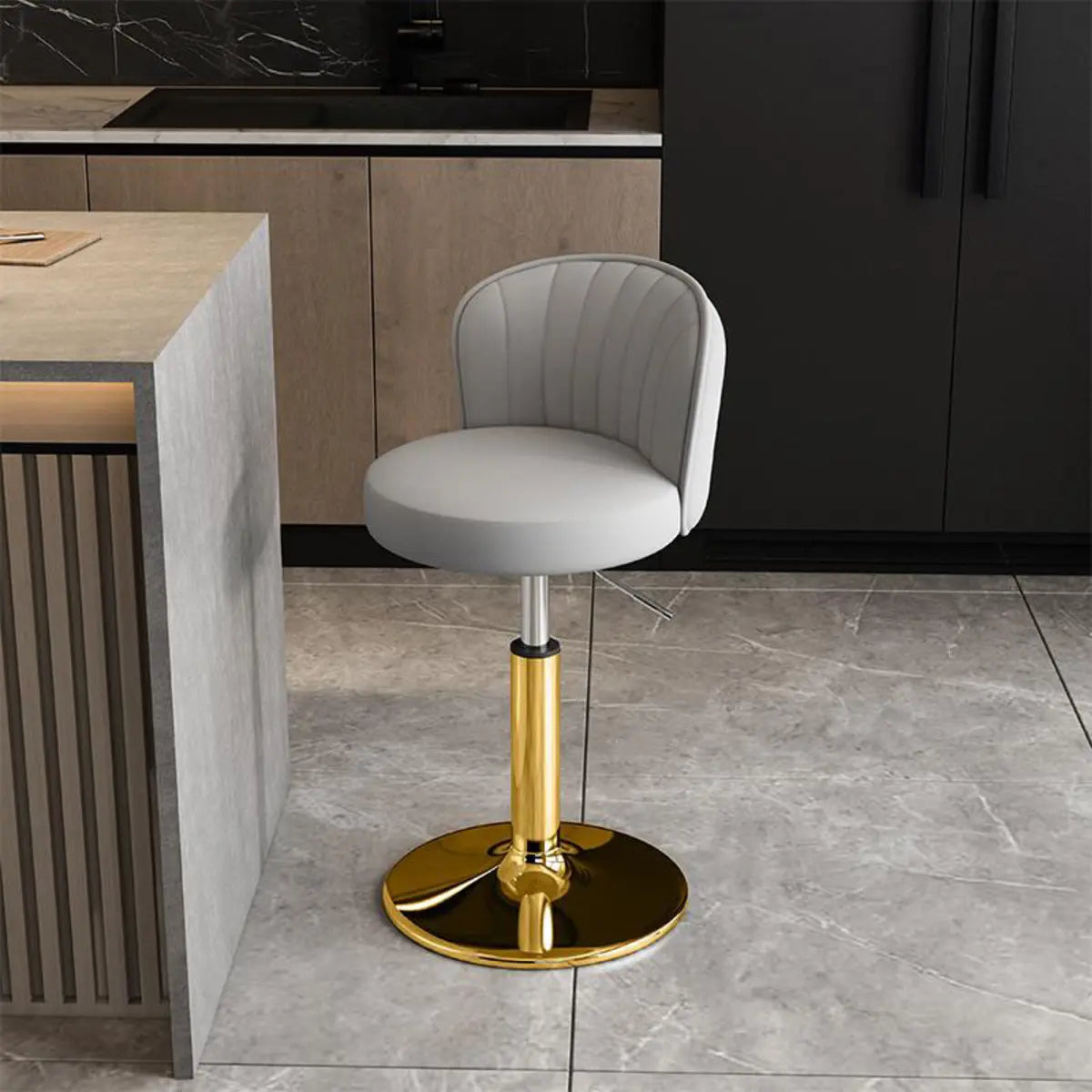 Black Round Leather Bar Stool with Adjustable Metal Frame Image - 19