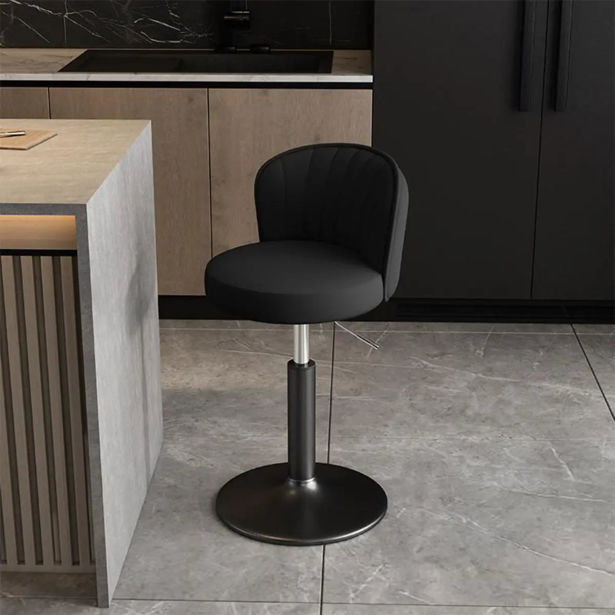 Black Round Leather Bar Stool with Adjustable Metal Frame Image - 2