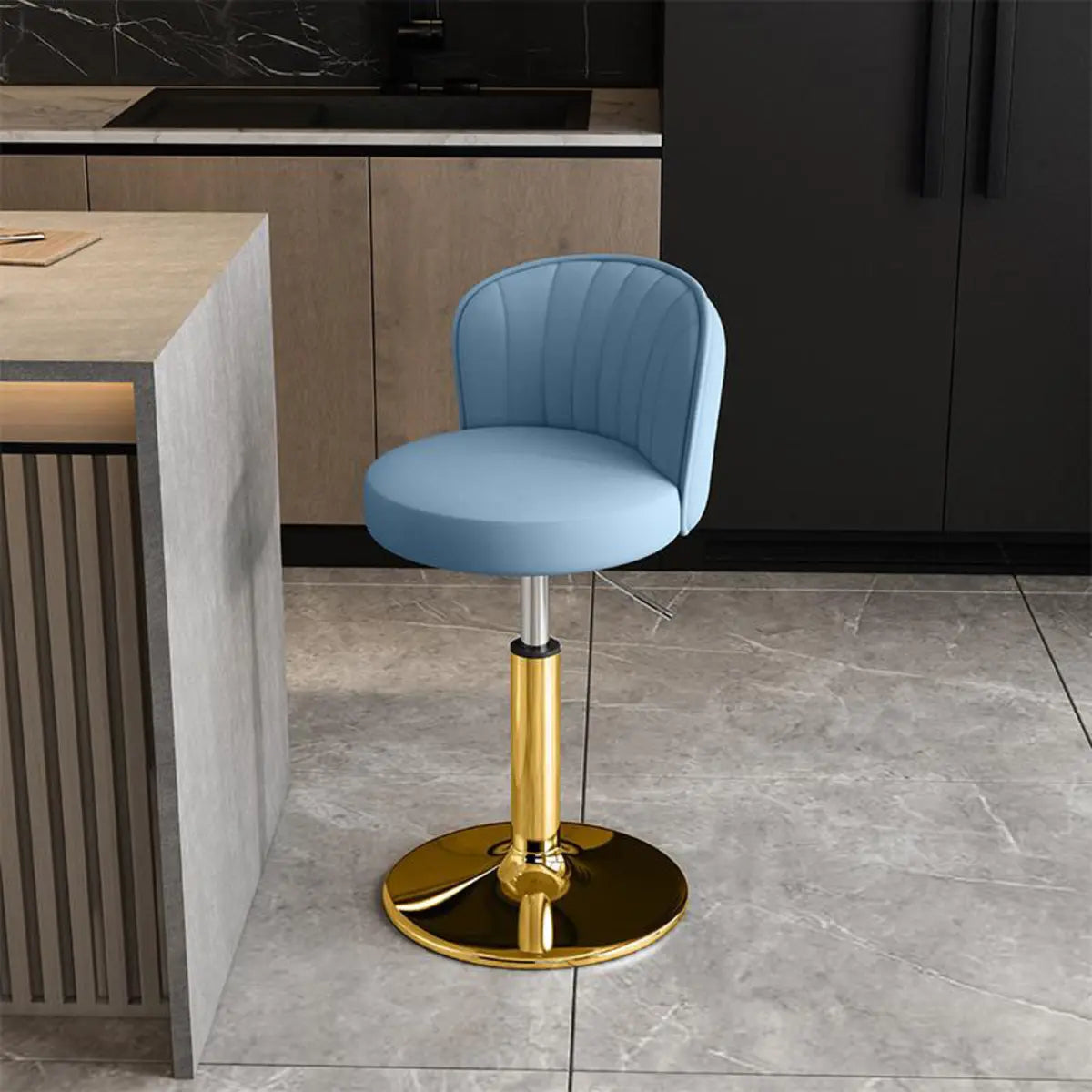 Black Round Leather Bar Stool with Adjustable Metal Frame Image - 21