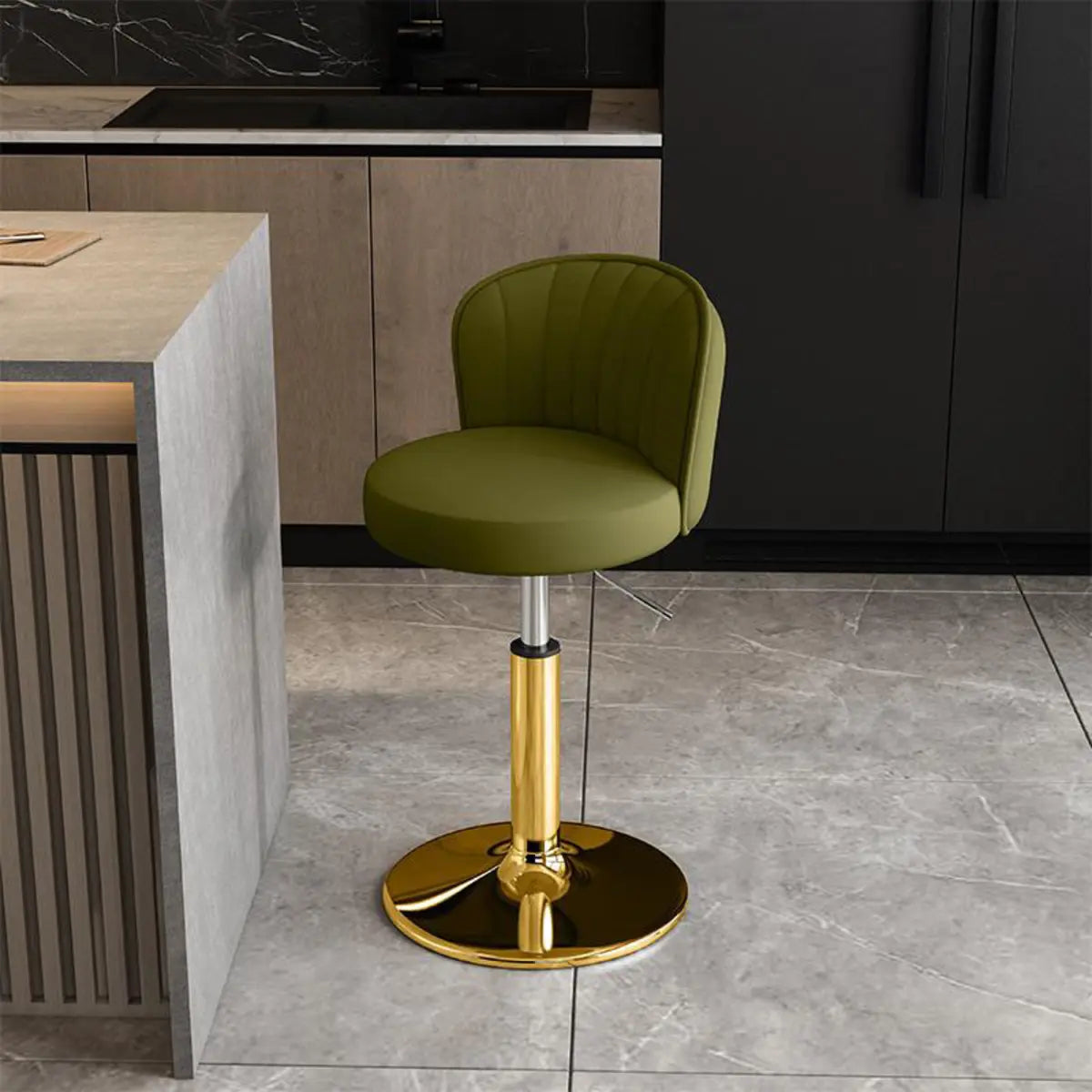 Black Round Leather Bar Stool with Adjustable Metal Frame Image - 22