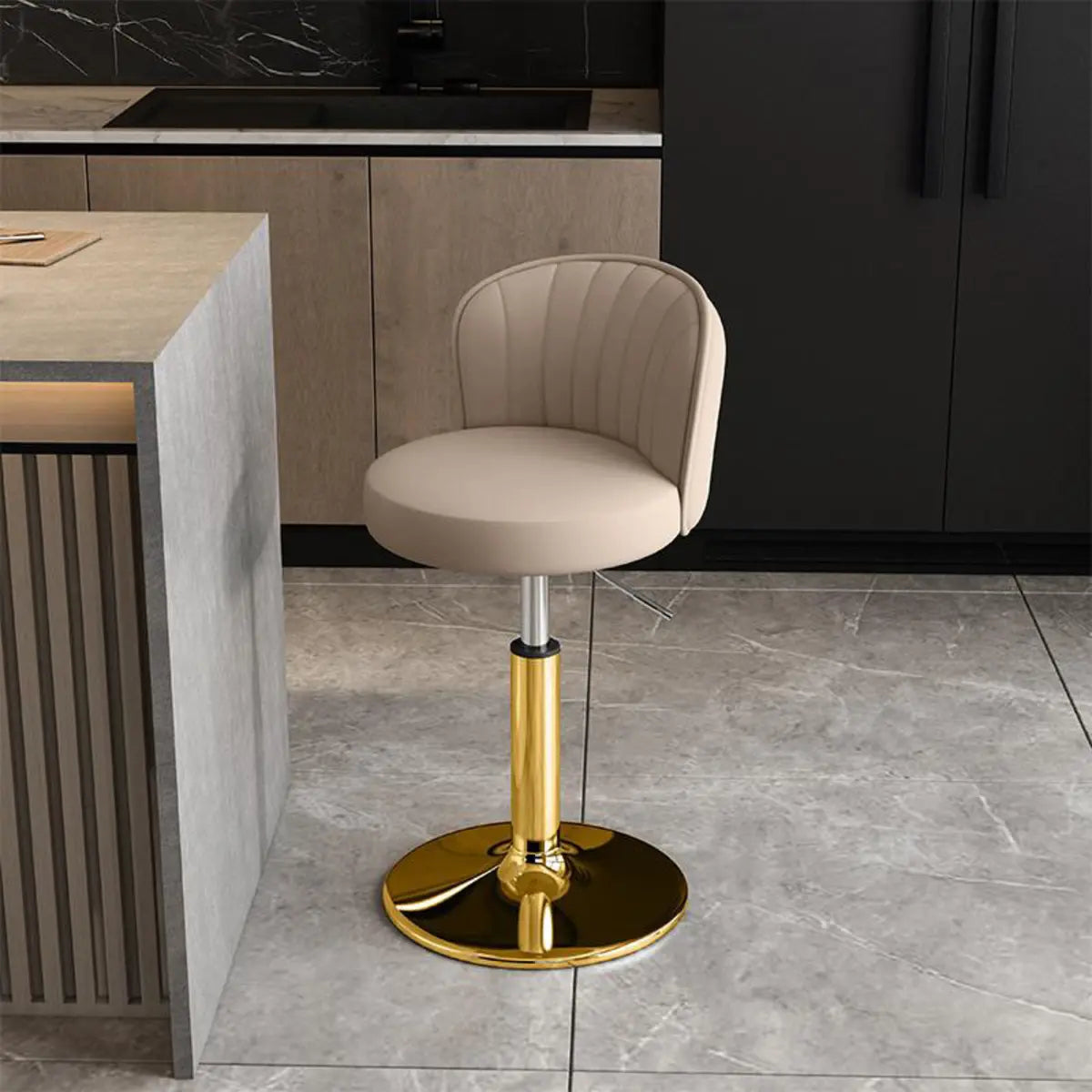 Black Round Leather Bar Stool with Adjustable Metal Frame Image - 23