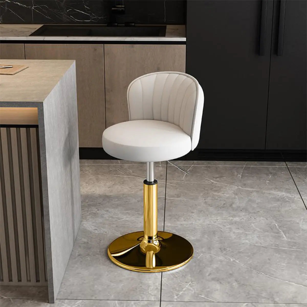 Black Round Leather Bar Stool with Adjustable Metal Frame Image - 24