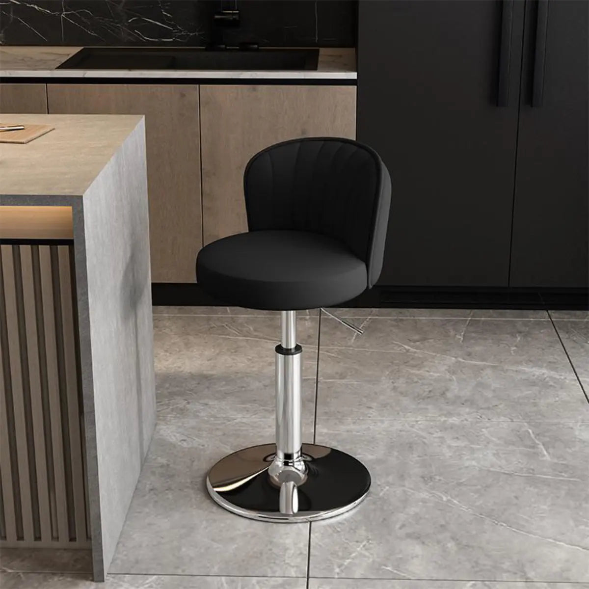 Black Round Leather Bar Stool with Adjustable Metal Frame Image - 25