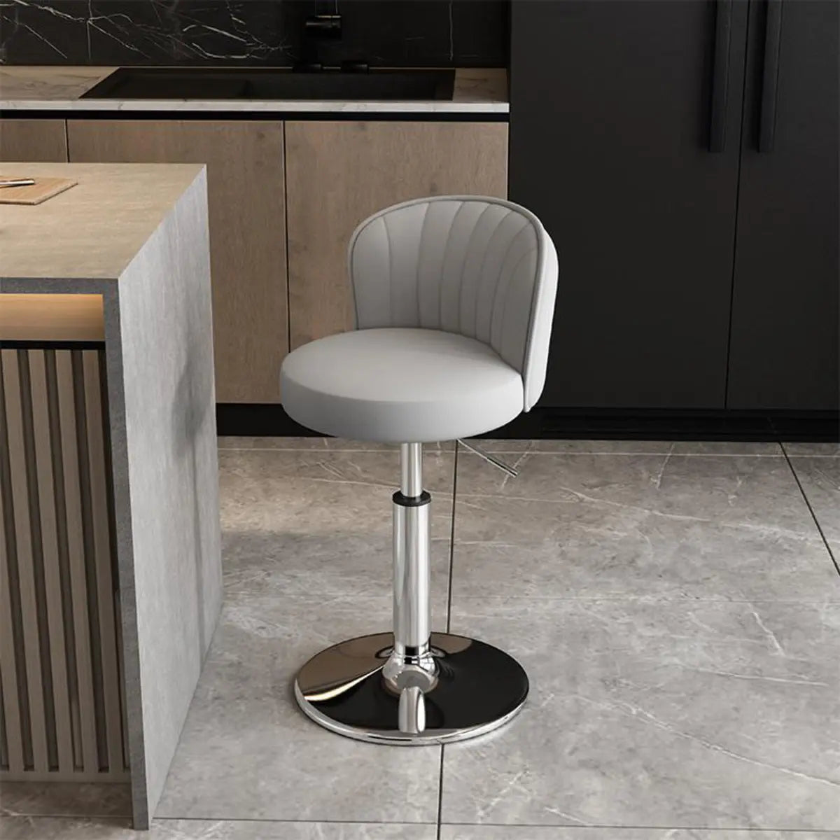 Black Round Leather Bar Stool with Adjustable Metal Frame Image - 27