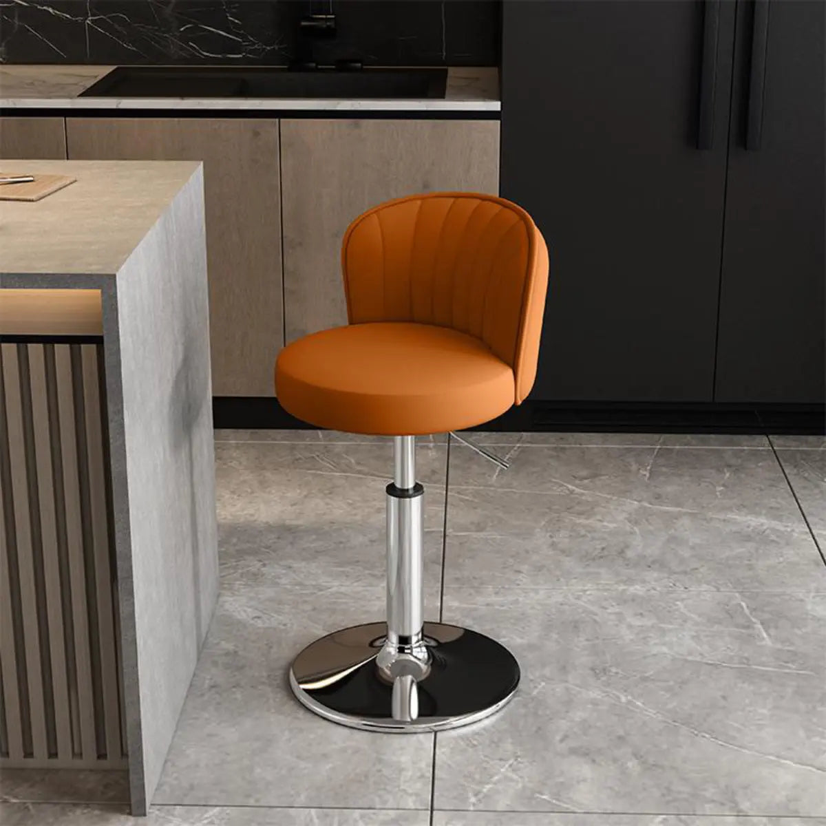 Black Round Leather Bar Stool with Adjustable Metal Frame Image - 28