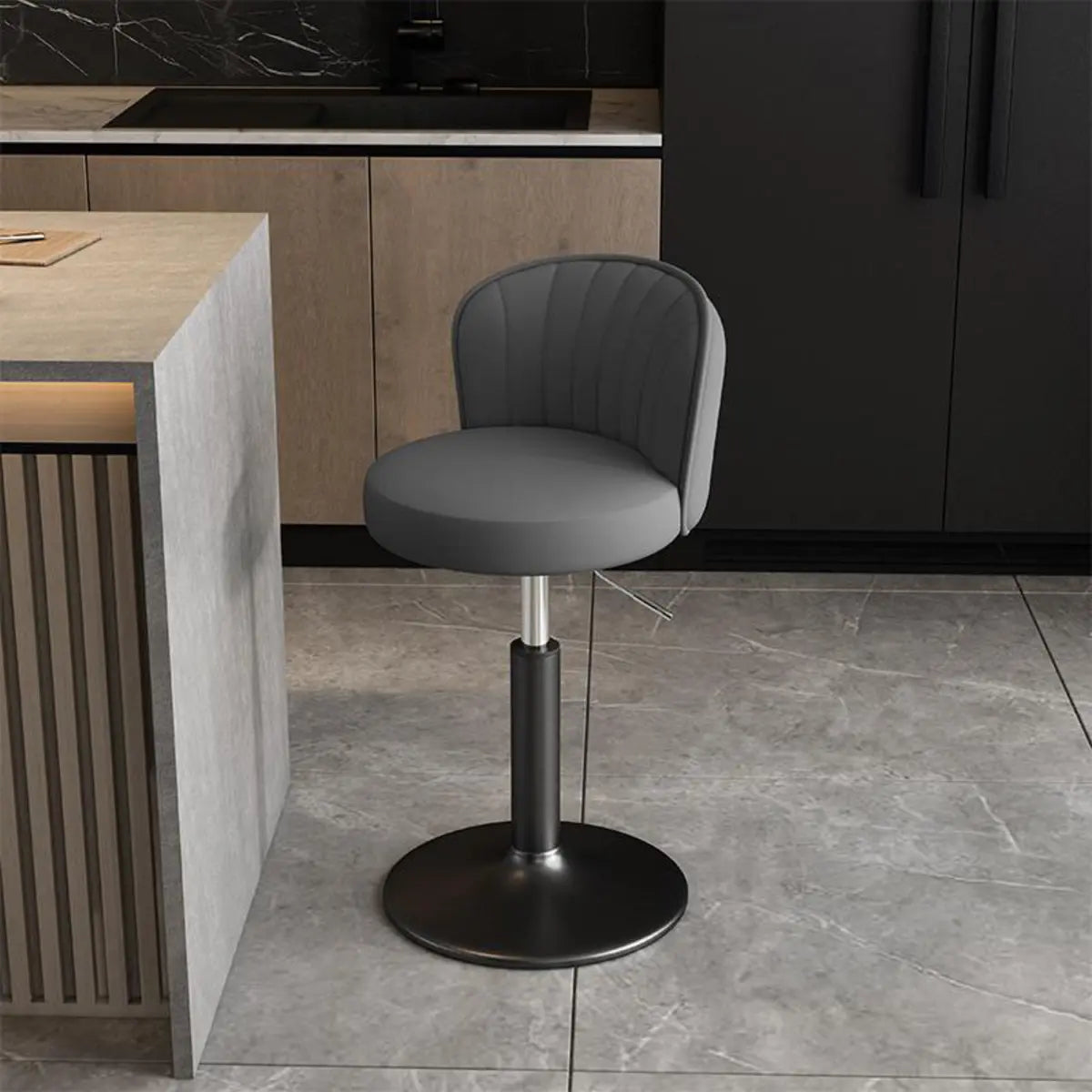 Black Round Leather Bar Stool with Adjustable Metal Frame Image - 3