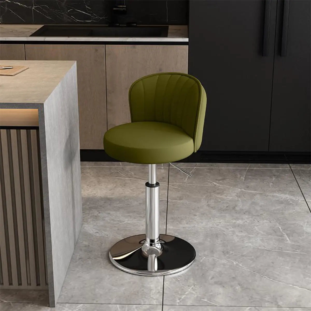 Black Round Leather Bar Stool with Adjustable Metal Frame Image - 30