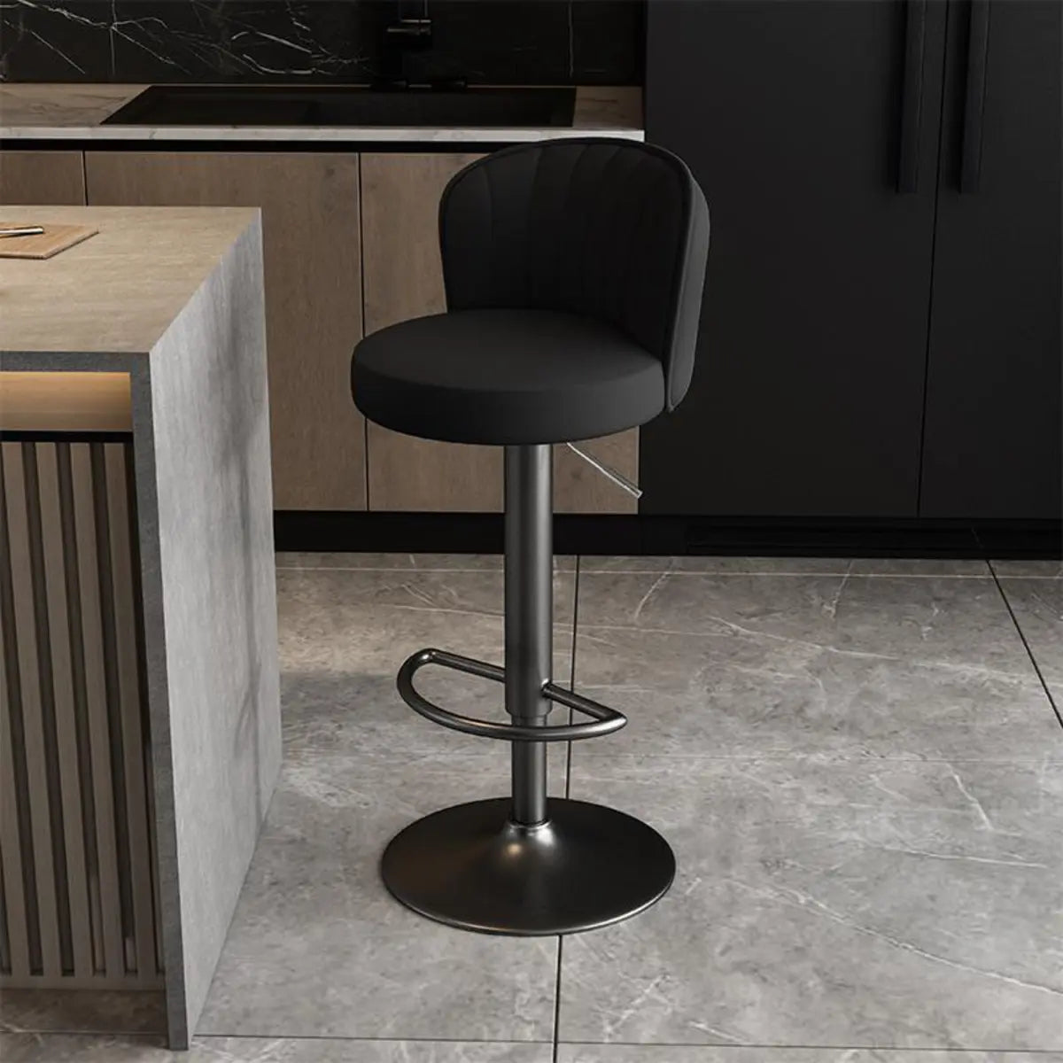 Black Round Leather Bar Stool with Adjustable Metal Frame Image - 33