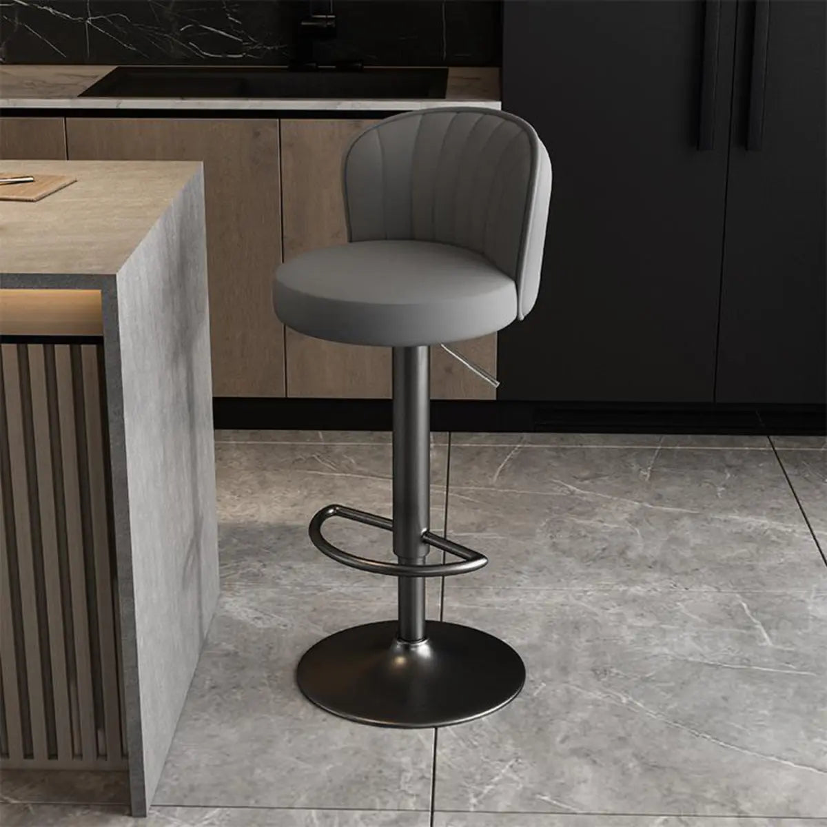 Black Round Leather Bar Stool with Adjustable Metal Frame Image - 34