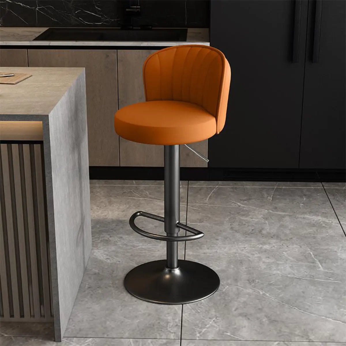 Black Round Leather Bar Stool with Adjustable Metal Frame Image - 36