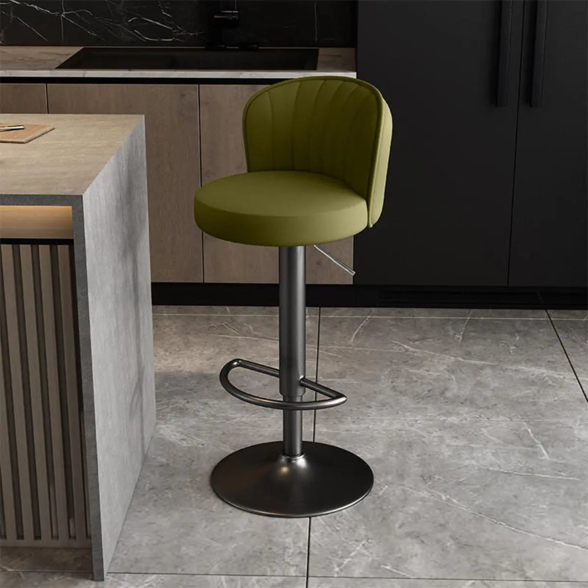 Black Round Leather Bar Stool with Adjustable Metal Frame Image - 38