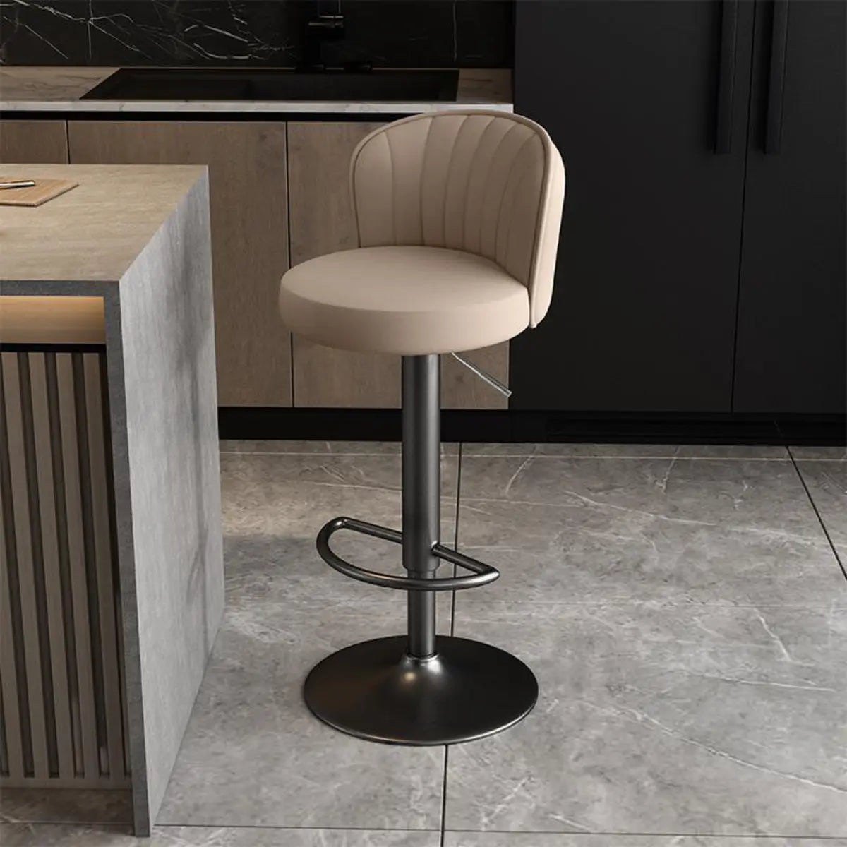 Black Round Leather Bar Stool with Adjustable Metal Frame Image - 39