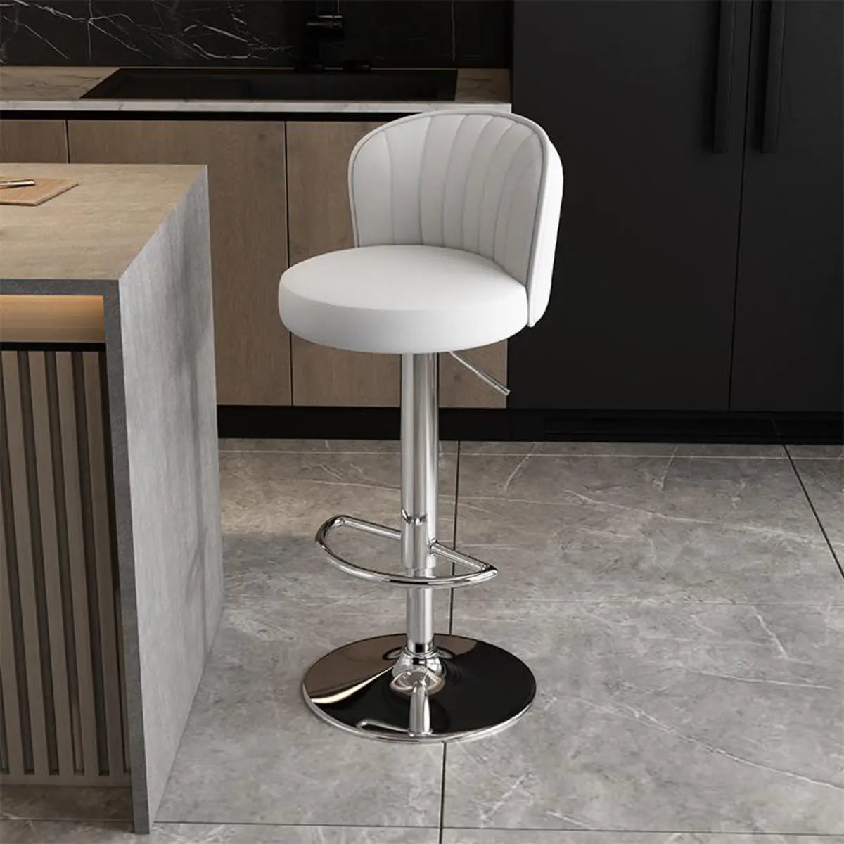 Black Round Leather Bar Stool with Adjustable Metal Frame Image - 4