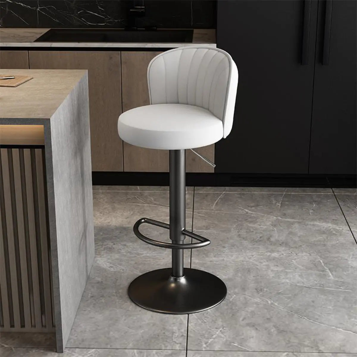 Black Round Leather Bar Stool with Adjustable Metal Frame Image - 40