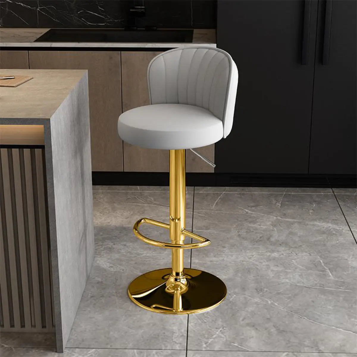 Black Round Leather Bar Stool with Adjustable Metal Frame Image - 43