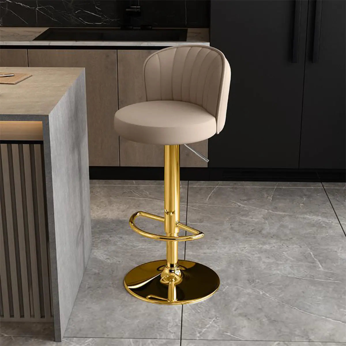 Black Round Leather Bar Stool with Adjustable Metal Frame Image - 47