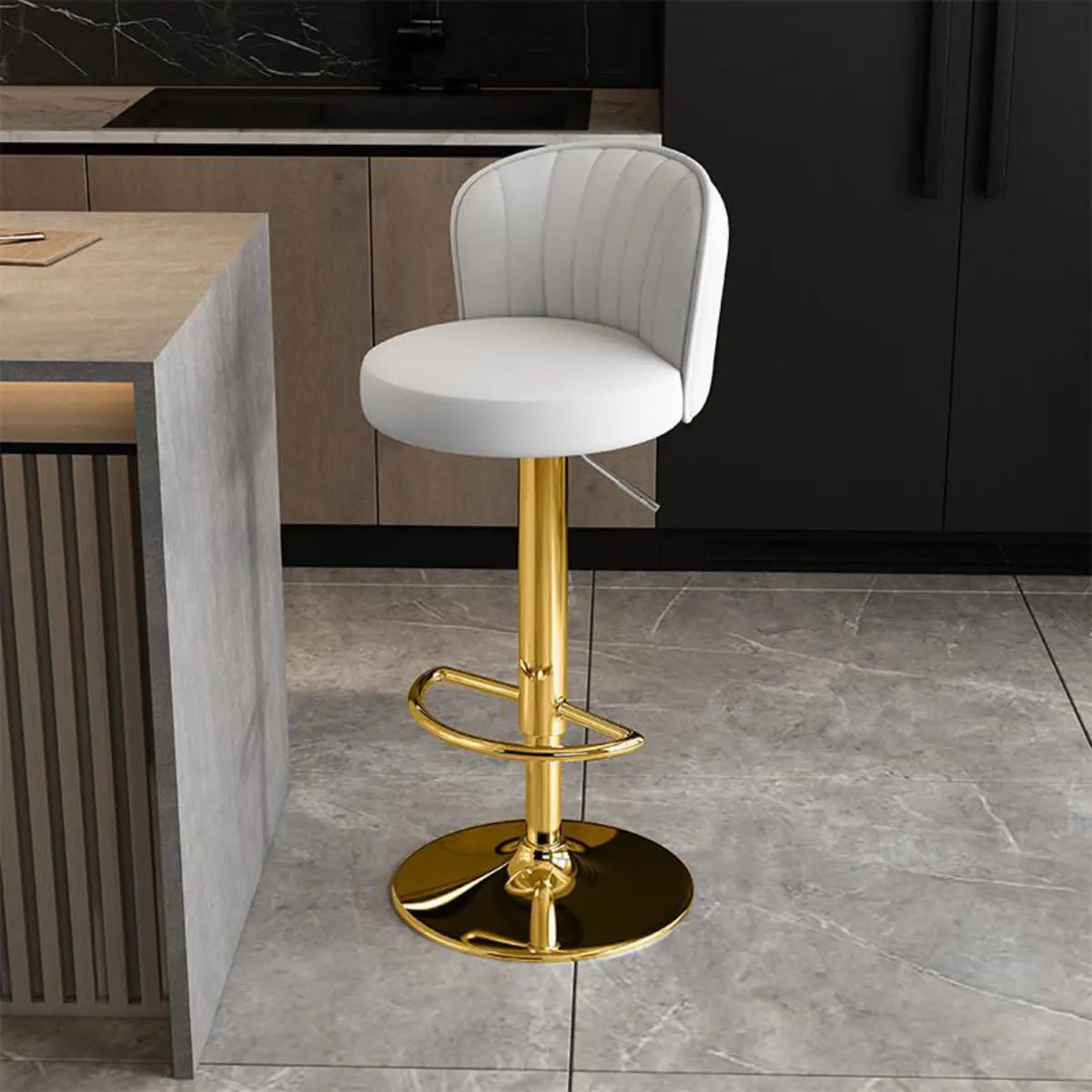 Black Round Leather Bar Stool with Adjustable Metal Frame Image - 48