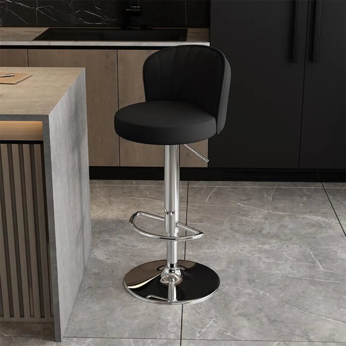 Black Round Leather Bar Stool with Adjustable Metal Frame Image - 49