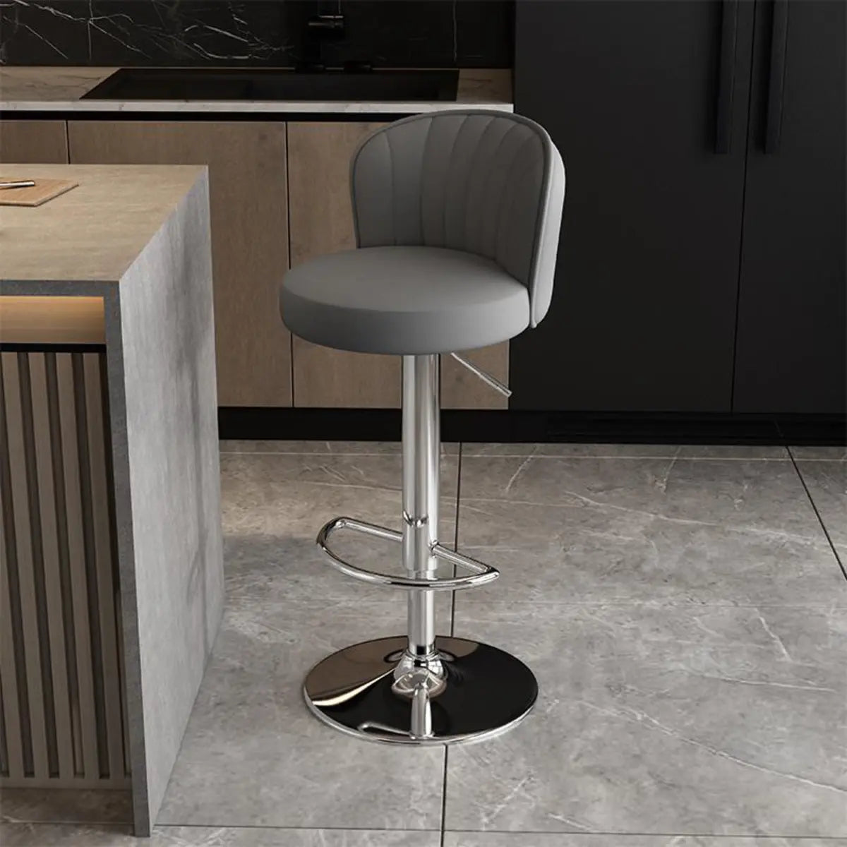 Black Round Leather Bar Stool with Adjustable Metal Frame Image - 50