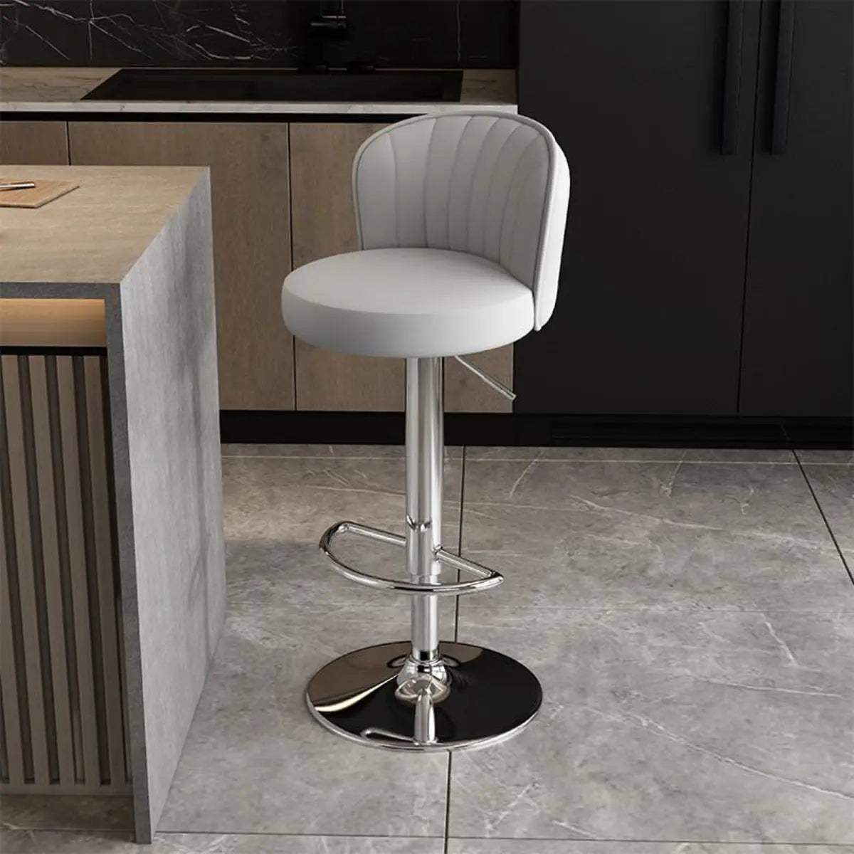 Black Round Leather Bar Stool with Adjustable Metal Frame Image - 51