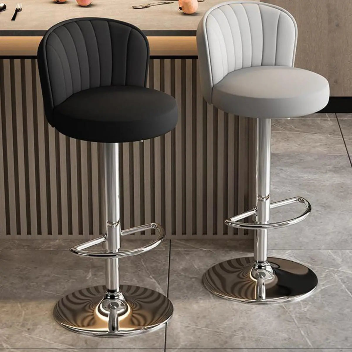 Black Round Leather Bar Stool with Adjustable Metal Frame Image - 7