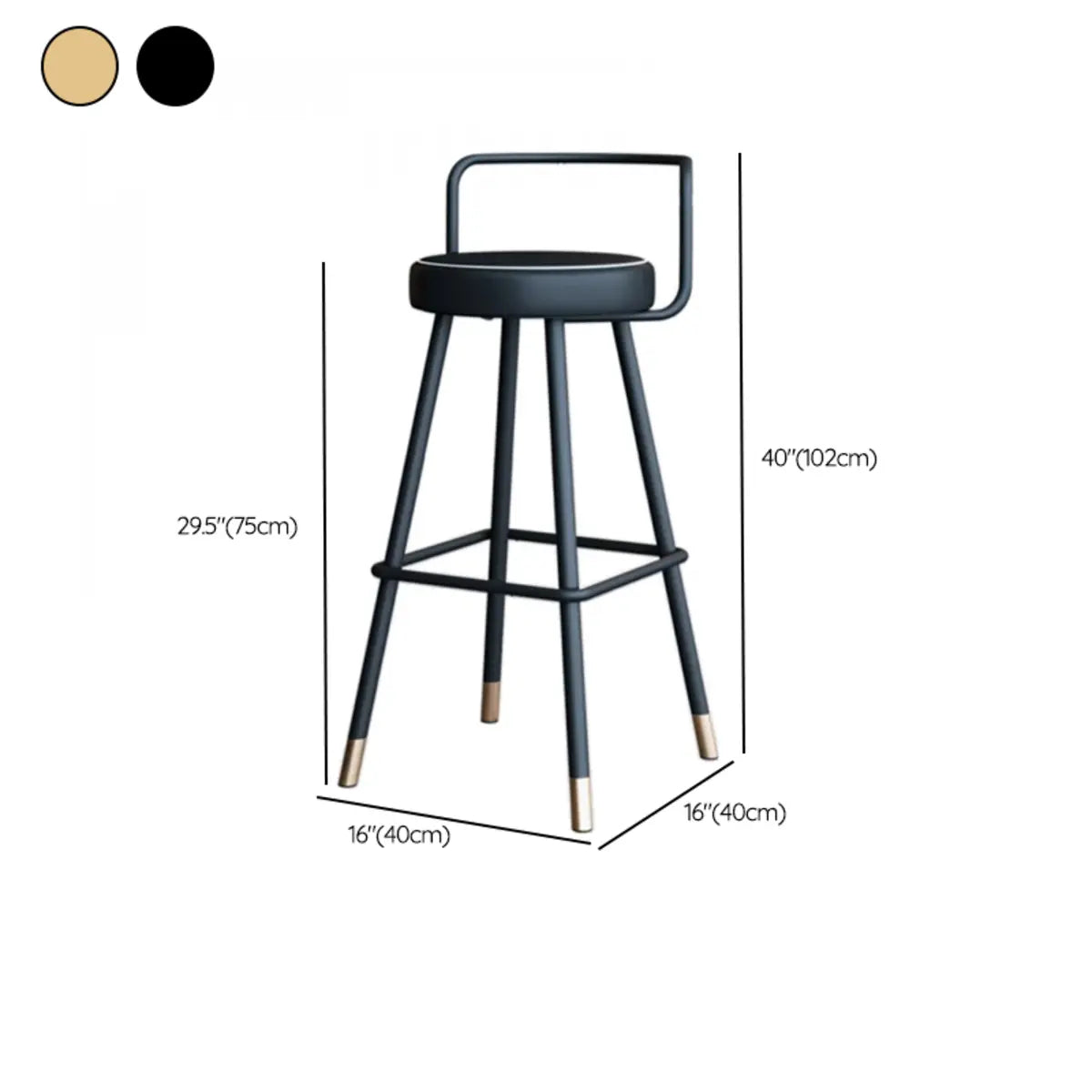 Black Round Leather Gold Accents Metal Counter Bar Stool 