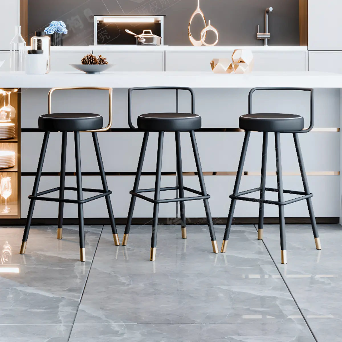 Black Round Leather Gold Accents Metal Counter Bar Stool Image - 6