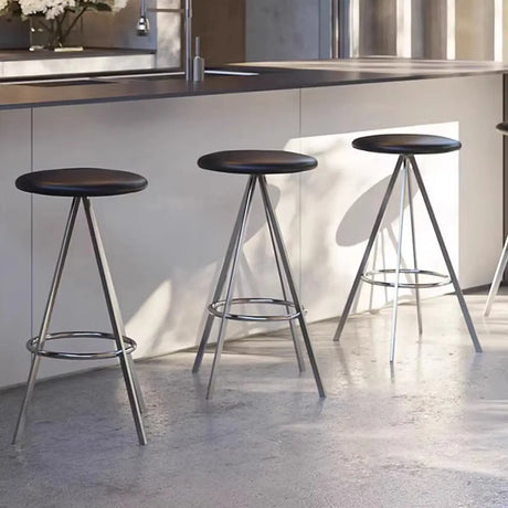 Black Round Leather Metal Backless Bistro Bar Stools Image - 1