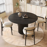 Black Round Solid Wood Dining Table with Beige Chairs Image - 2