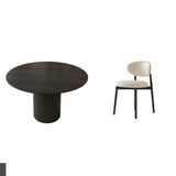 Black Round Solid Wood Dining Table with Beige Chairs Image - 6