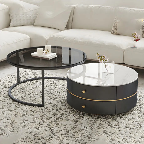 Black Round Stone Glass Top Nesting Tables with Drawer Image - 1