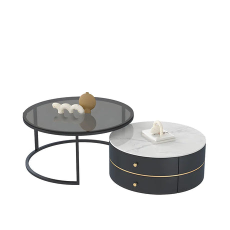 Black Round Stone Glass Top Nesting Tables with Drawer Image - 2