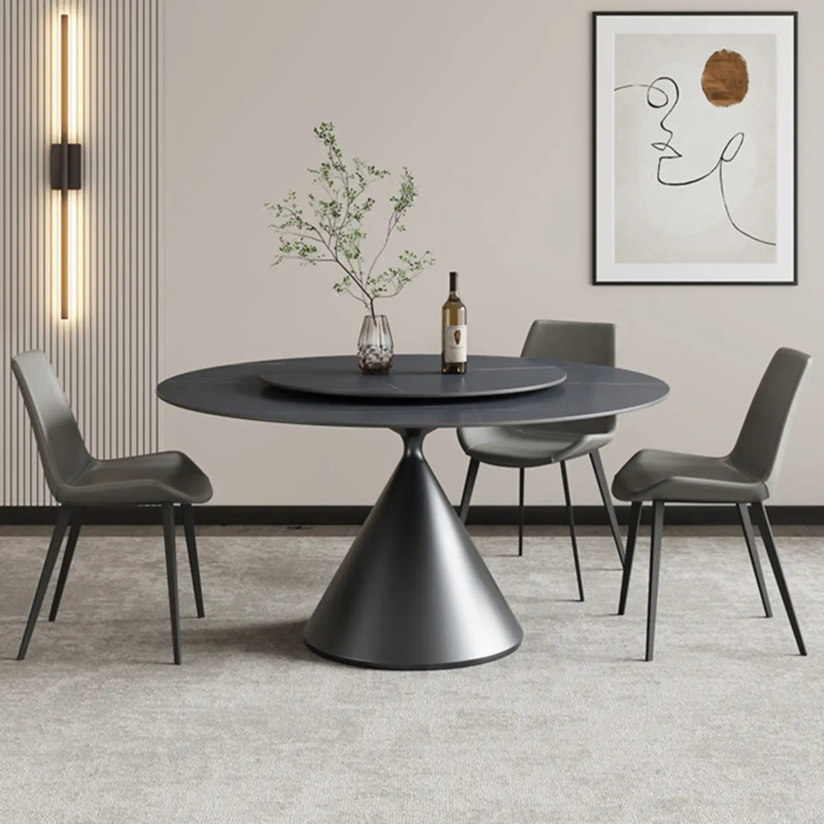 Black Round Swivel Sintered Stone Dining Table Set Image - 1