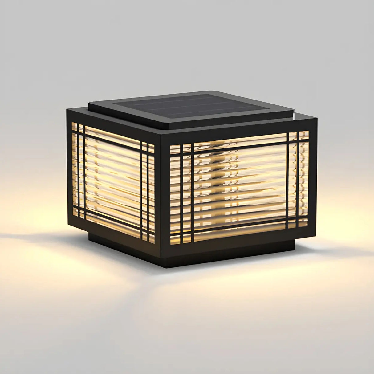 Black Simple Cube Lines Decor Metal Post Outdoor Lamp Image - 10