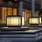 Black Simple Cube Lines Decor Metal Post Outdoor Lamp Image - 4